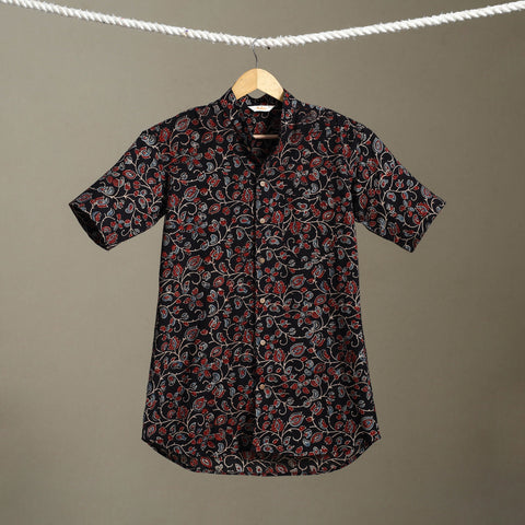 Black Block Print Cotton Men Half Sleeve Ajrakh Shirt