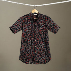 Black Block Print Cotton Men Half Sleeve Ajrakh Shirt