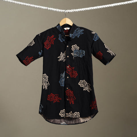 Black Block Print Cotton Men Half Sleeve Ajrakh Shirt