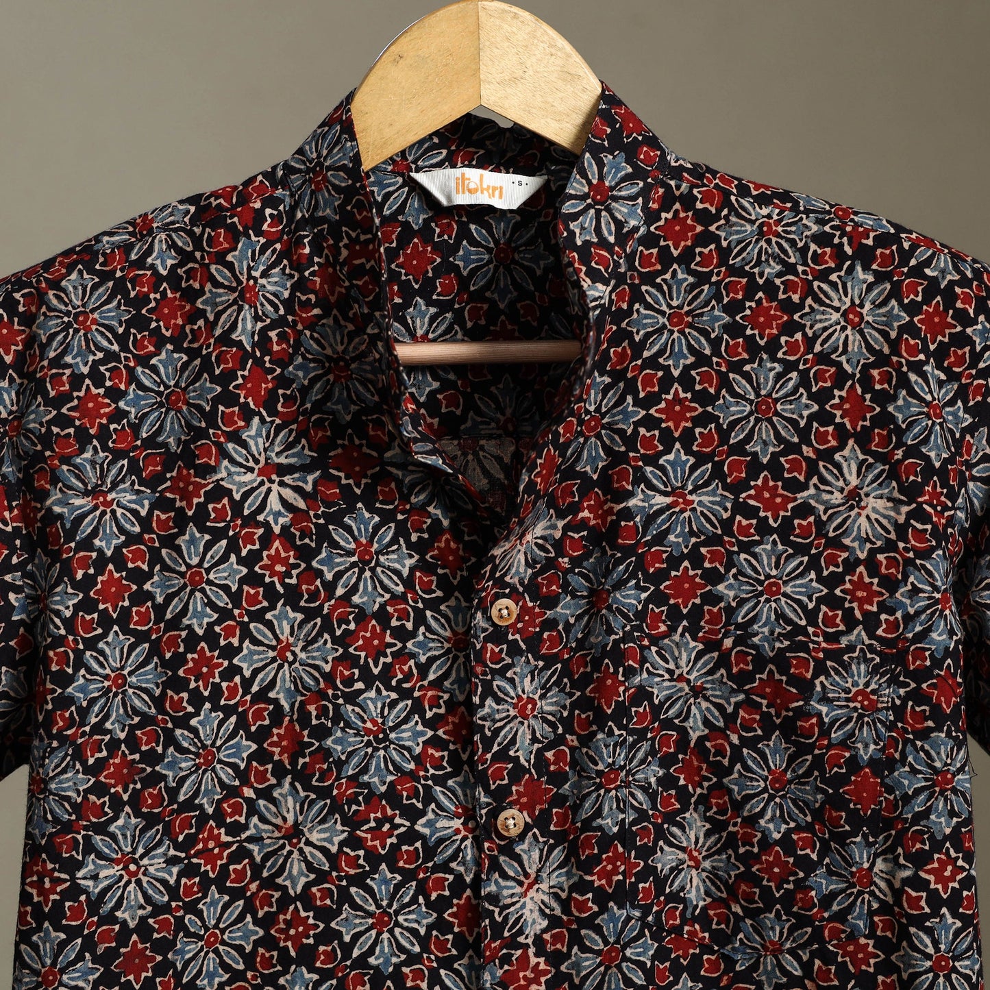 Black Block Print Cotton Men Half Sleeve Ajrakh Shirt