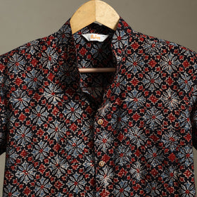 Black Block Print Cotton Men Half Sleeve Ajrakh Shirt