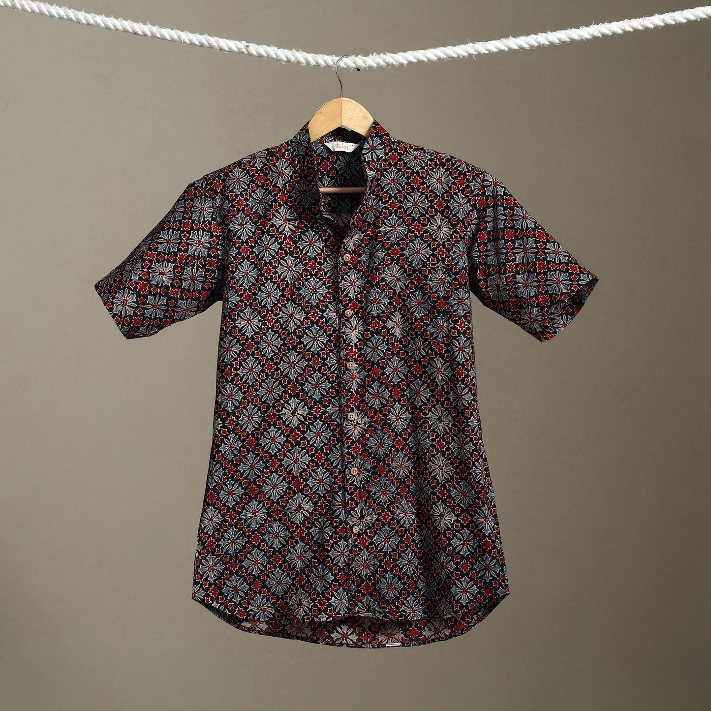 Black Block Print Cotton Men Half Sleeve Ajrakh Shirt