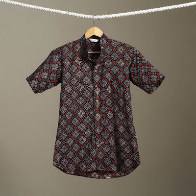 Black Block Print Cotton Men Half Sleeve Ajrakh Shirt