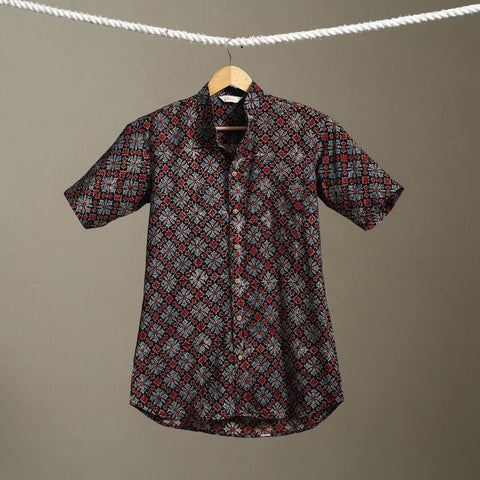 Black Block Print Cotton Men Half Sleeve Ajrakh Shirt