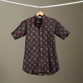 Black Block Print Cotton Men Half Sleeve Ajrakh Shirt