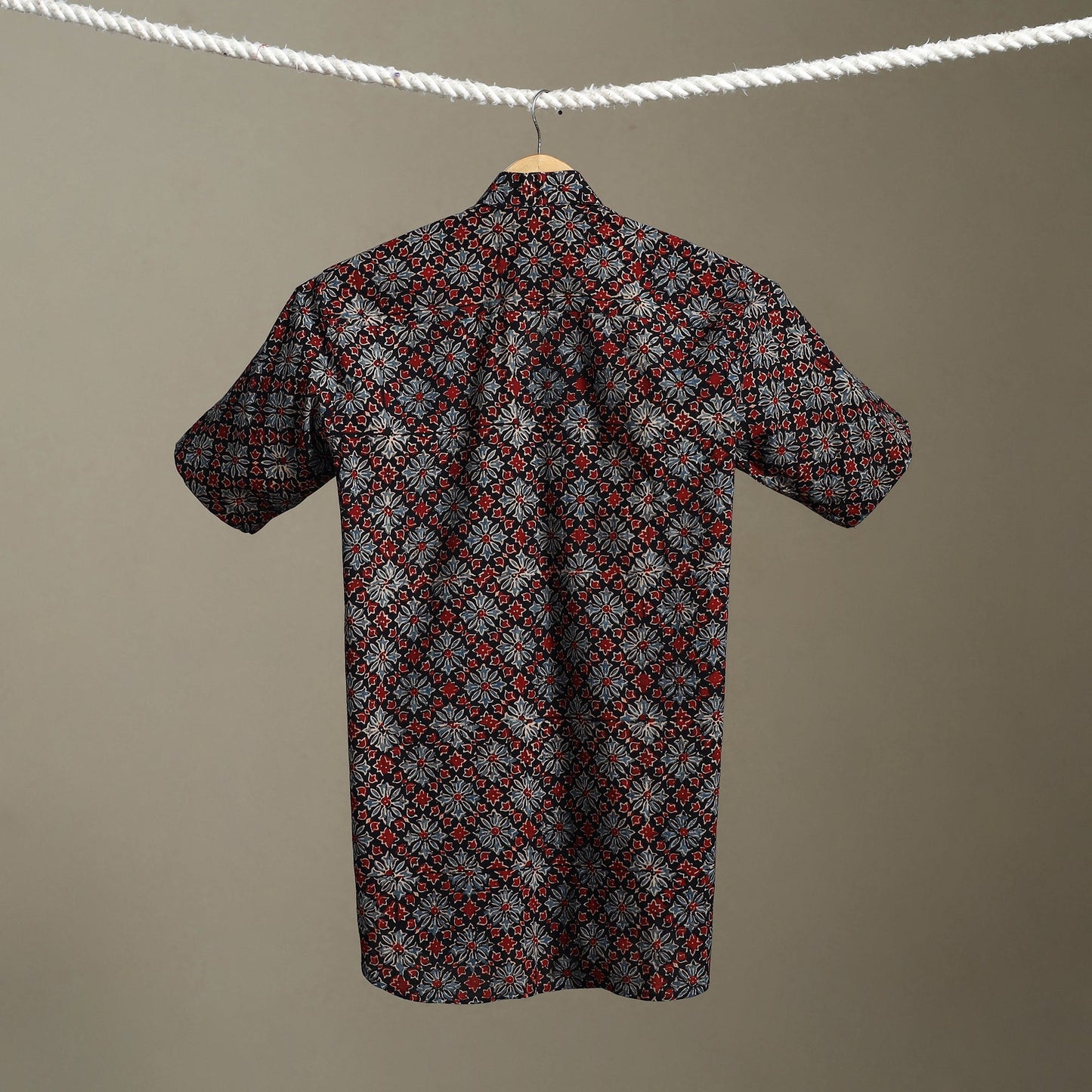Black Block Print Cotton Men Half Sleeve Ajrakh Shirt