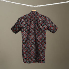 Black Block Print Cotton Men Half Sleeve Ajrakh Shirt