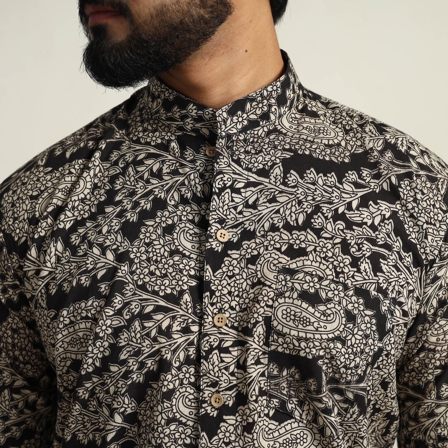 Black - Cotton Men Kalamkari Print Shirt 03