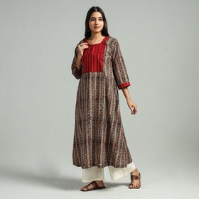 Black Block Print Cotton Patchwork A-Line Kalamkari Kurta