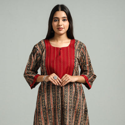 Black Block Print Cotton Patchwork A-Line Kalamkari Kurta