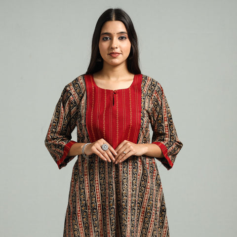 Black Block Print Cotton Patchwork A-Line Kalamkari Kurta