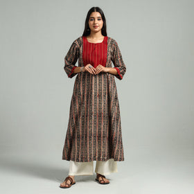 Black Block Print Cotton Patchwork A-Line Kalamkari Kurta