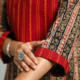 Black Block Print Cotton Patchwork A-Line Kalamkari Kurta