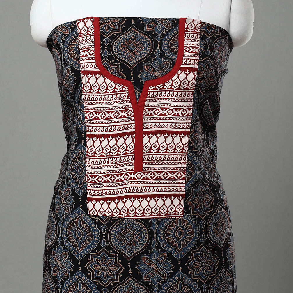 Black - Ajrakh Print Cotton Patchwork Kurta Material (3m) 02