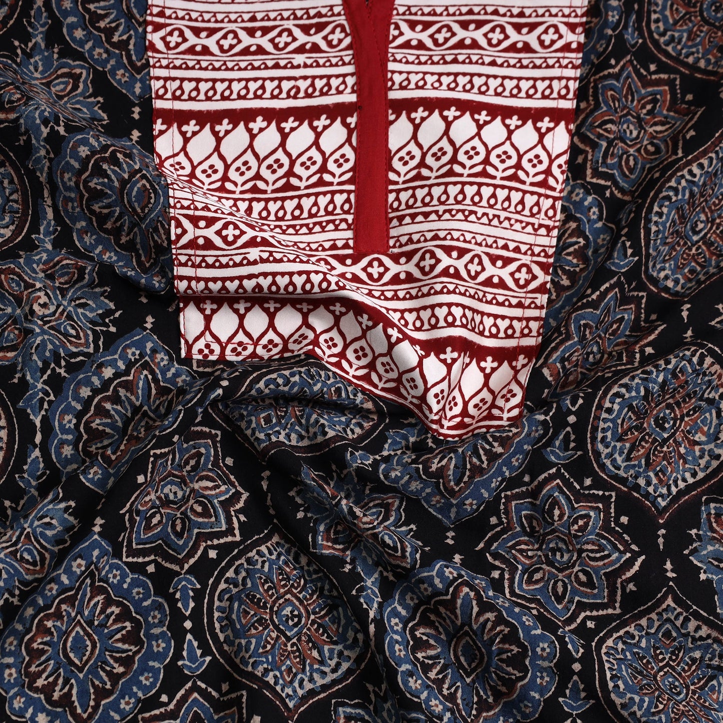 Black - Ajrakh Print Cotton Patchwork Kurta Material (3m) 02