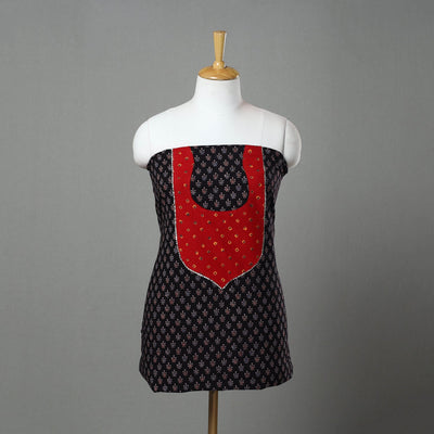 Black Ajrakh Print Cotton Patchwork Kurta Material (3m)