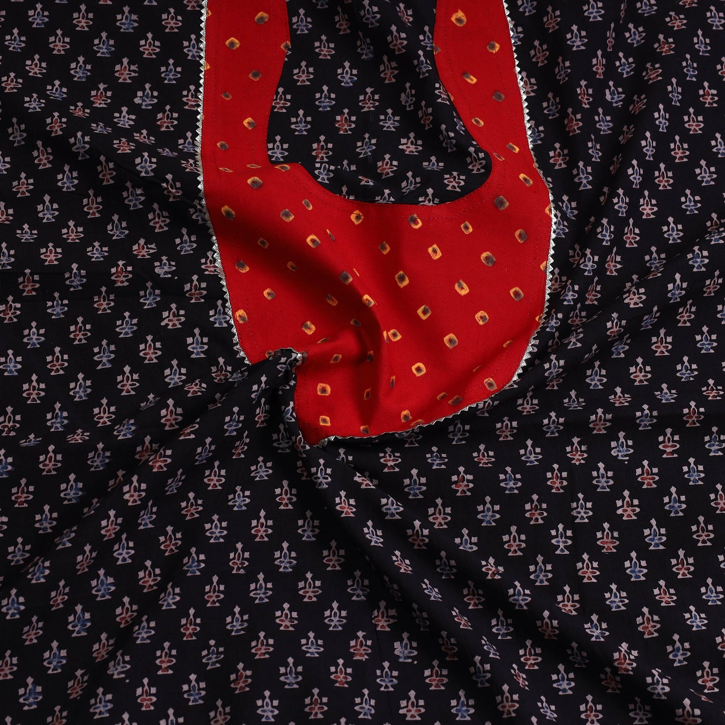 Black Ajrakh Print Cotton Patchwork Kurta Material (3m)