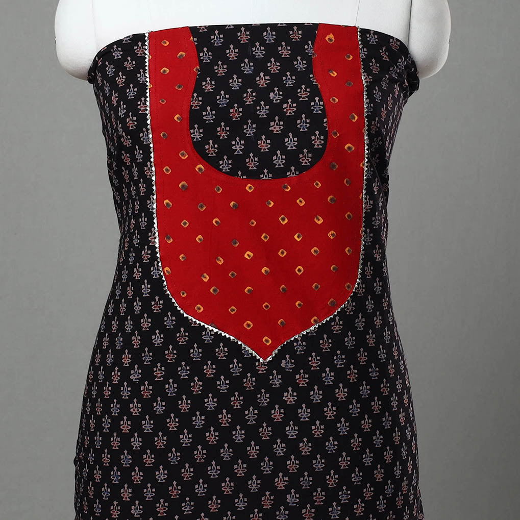 Black Ajrakh Print Cotton Patchwork Kurta Material (3m)