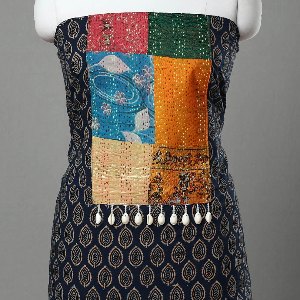 Black Ajrakh Print Cotton Patchwork Kurta Material (3m)