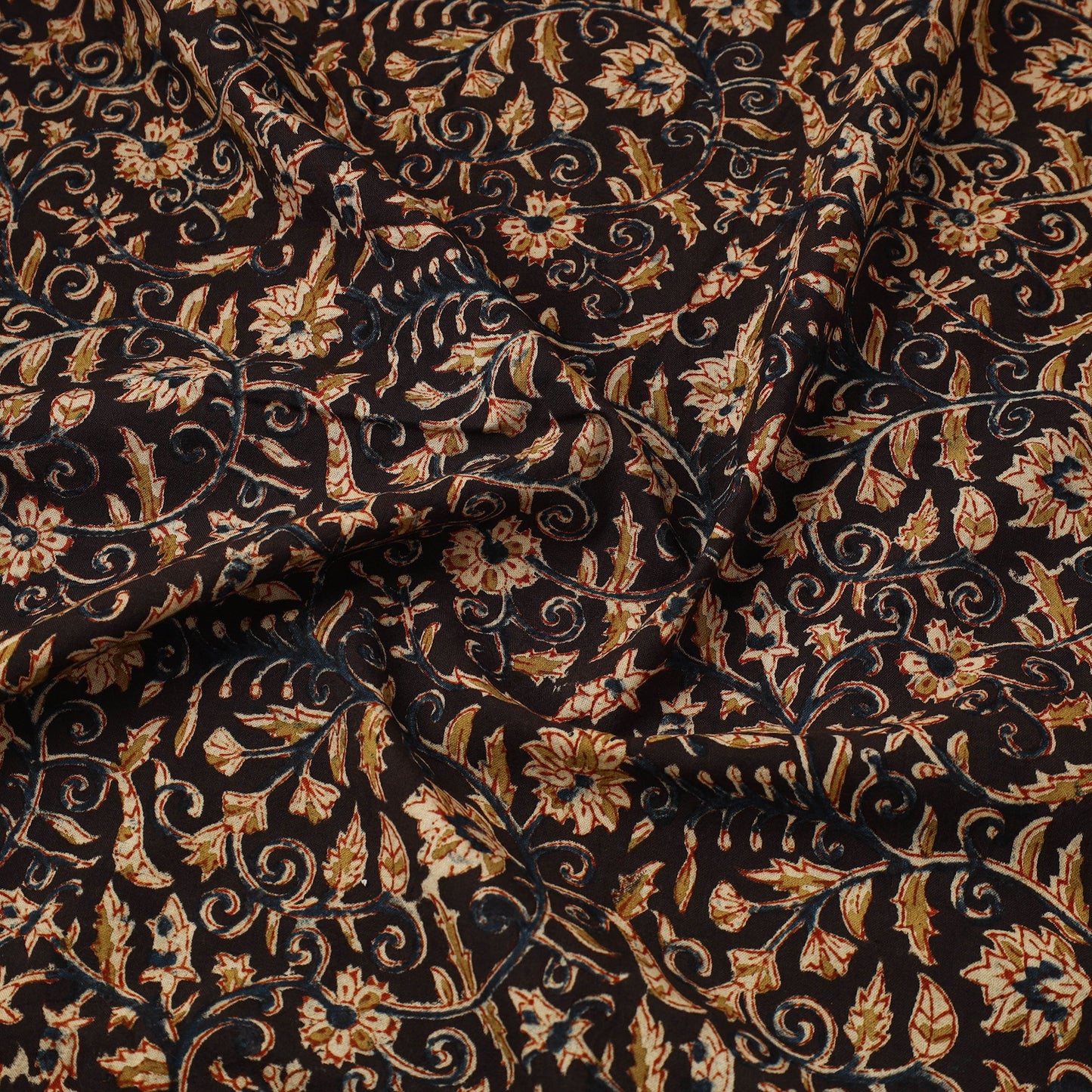  Black Block Print Cotton Pedana Kalamkari Fabric