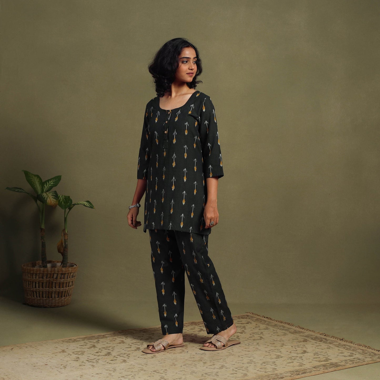 Black Cotton Pochampally Ikat Night Suit Set