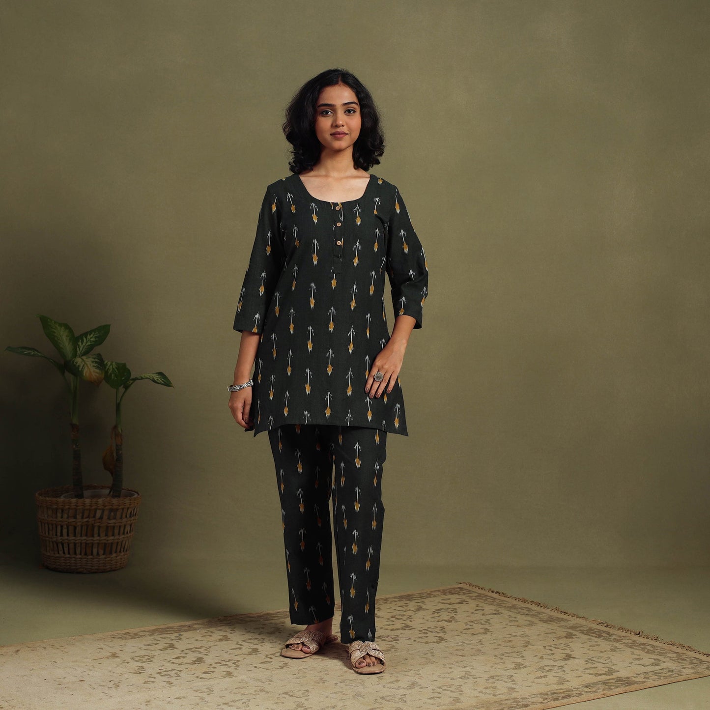 Black Cotton Pochampally Ikat Night Suit Set