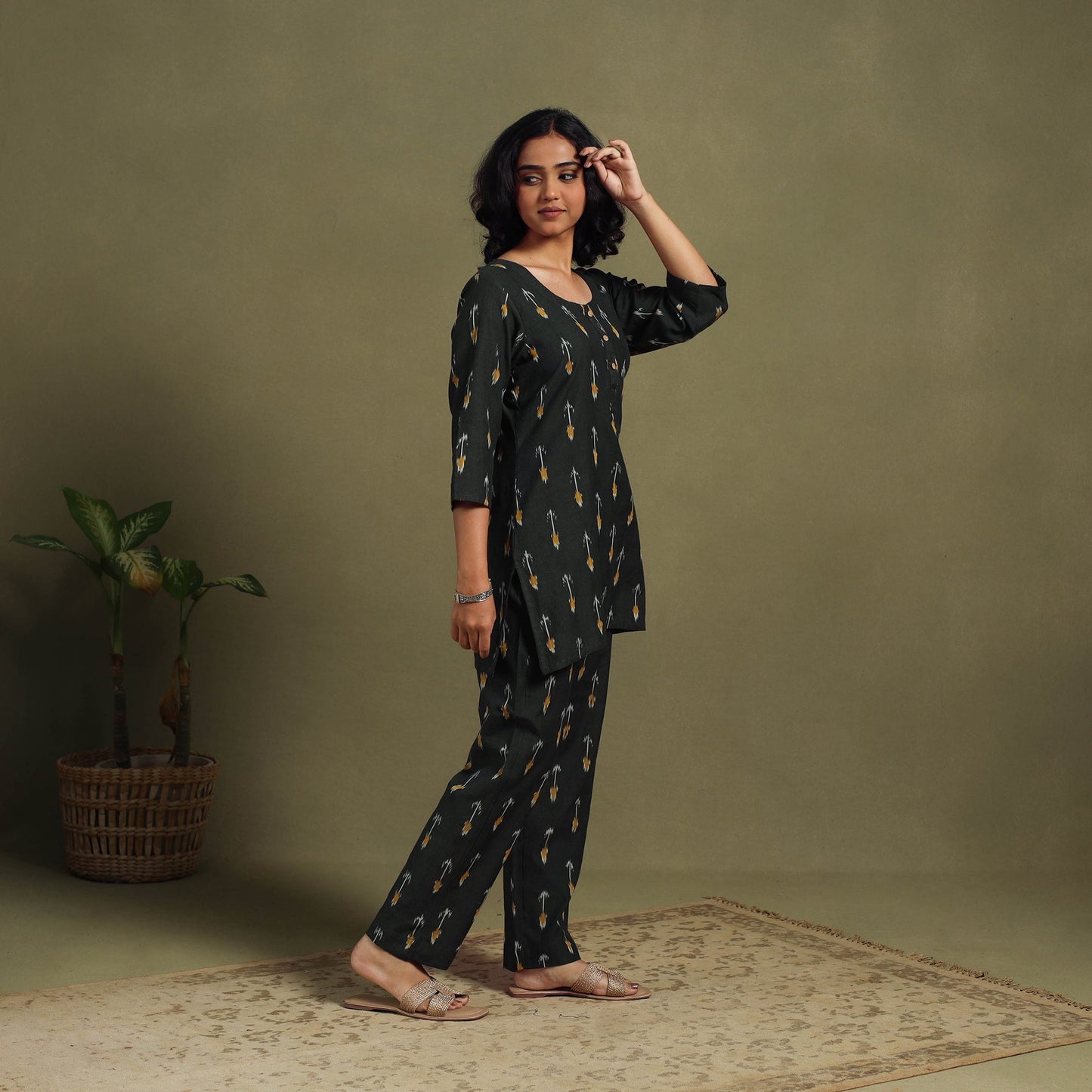 Black Cotton Pochampally Ikat Night Suit Set