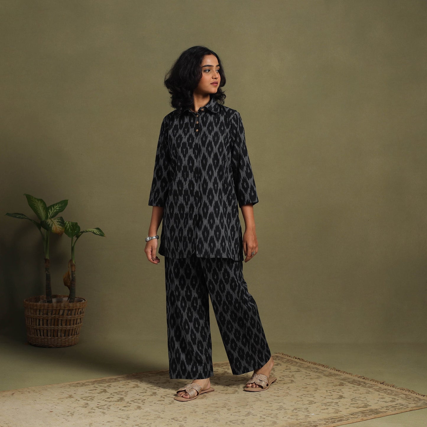 Black Cotton Pochampally Ikat Night Suit Set