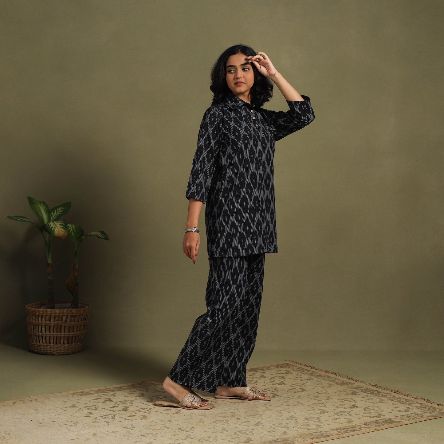 Black Cotton Pochampally Ikat Night Suit Set