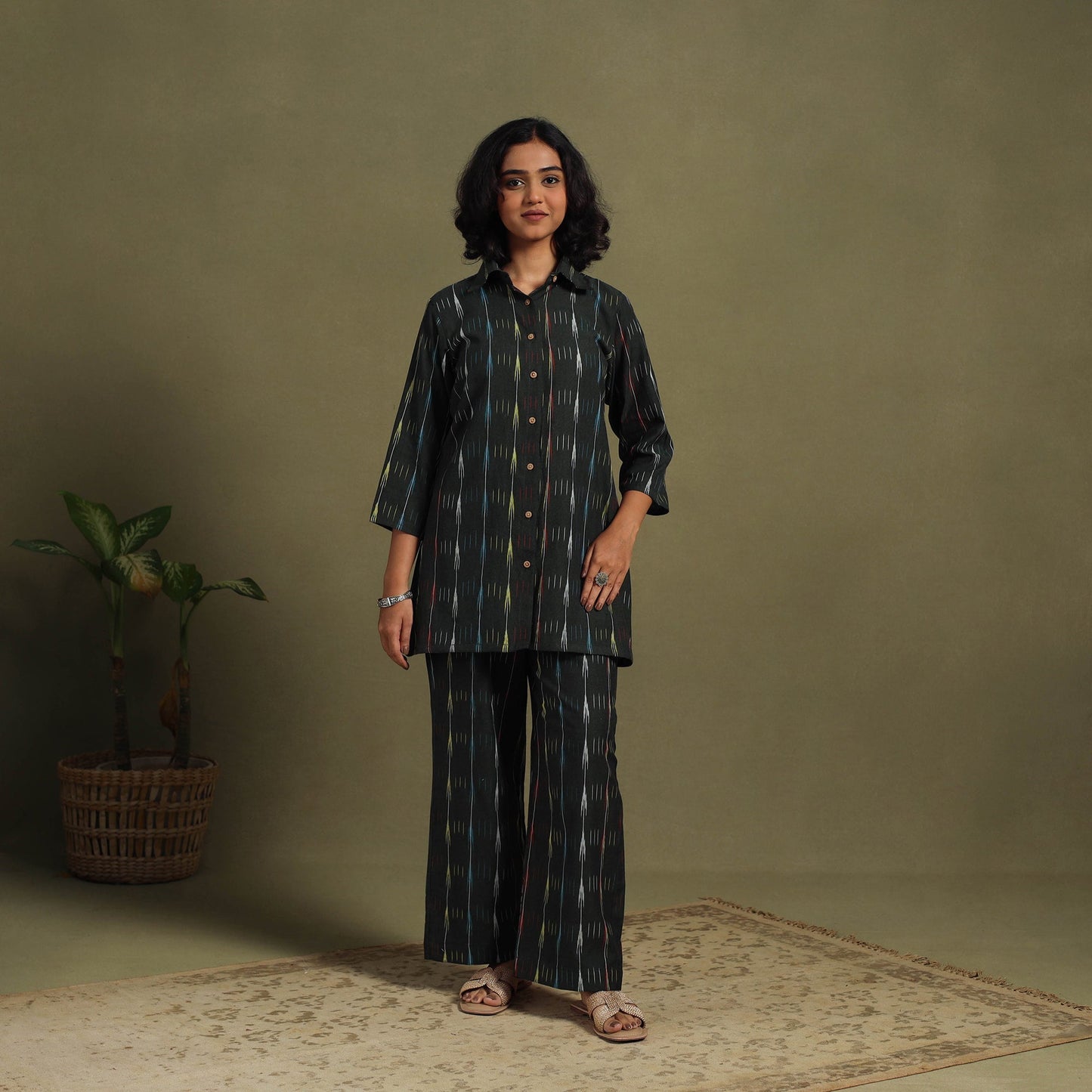 Black Cotton Pochampally Ikat Night Suit Set