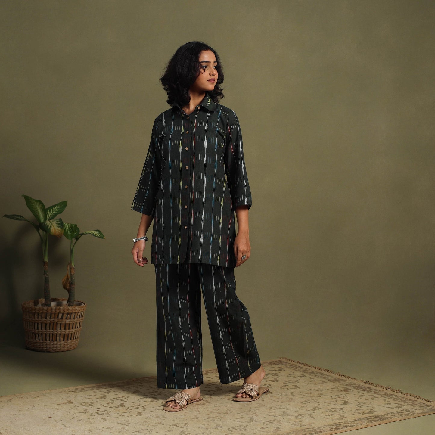 Black Cotton Pochampally Ikat Night Suit Set