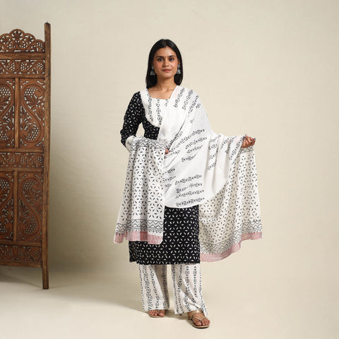 Buy Black Block Print Cotton Sanganeri Kurta Set