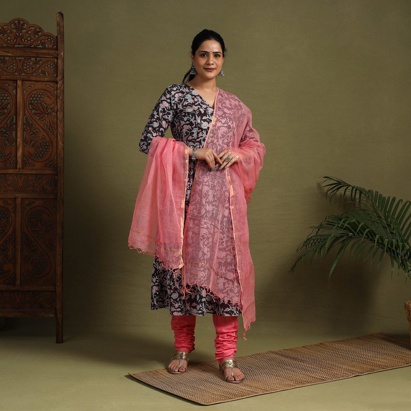 Black Block Print Cotton Sanganeri Kurta Set (Set of 3)