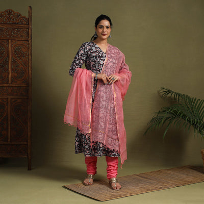 Black Block Print Cotton Sanganeri Kurta Set (Set of 3)