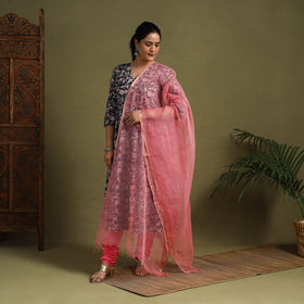 Black Block Print Cotton Sanganeri Kurta Set (Set of 3)