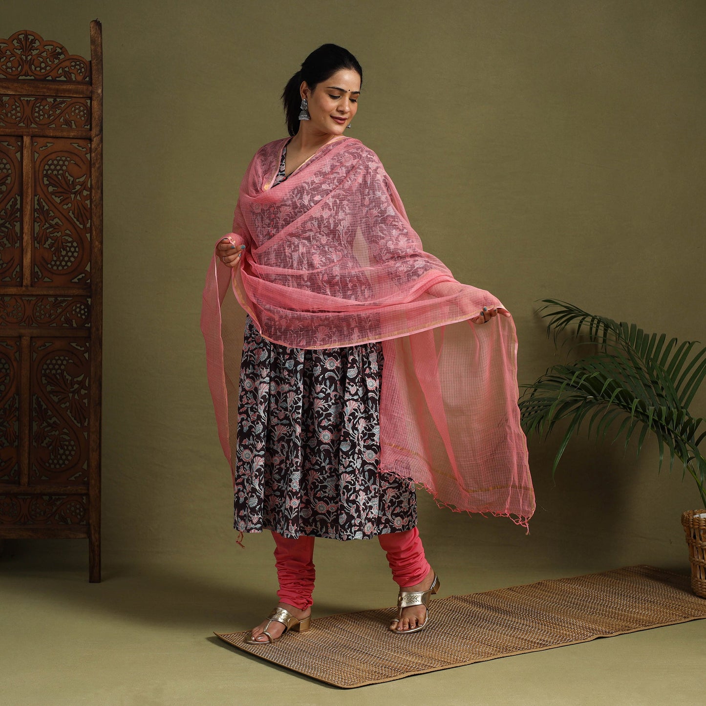 Black Block Print Cotton Sanganeri Kurta Set (Set of 3)