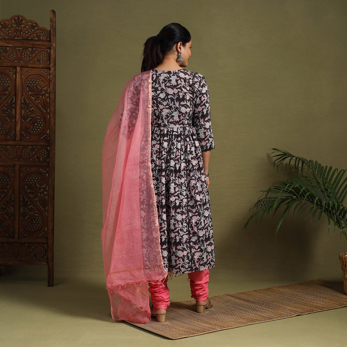 Black Block Print Cotton Sanganeri Kurta Set (Set of 3)