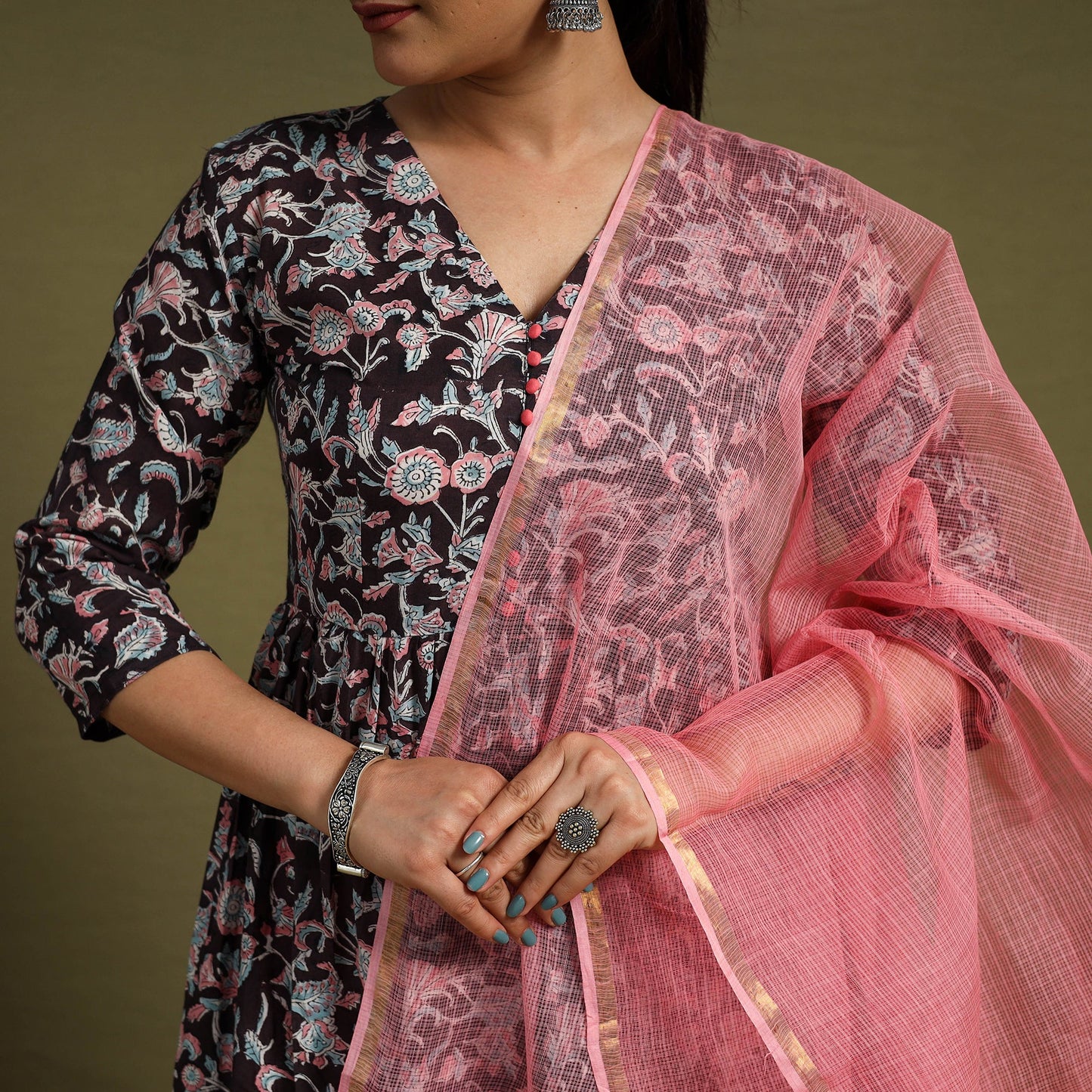 Black Block Print Cotton Sanganeri Kurta Set (Set of 3)