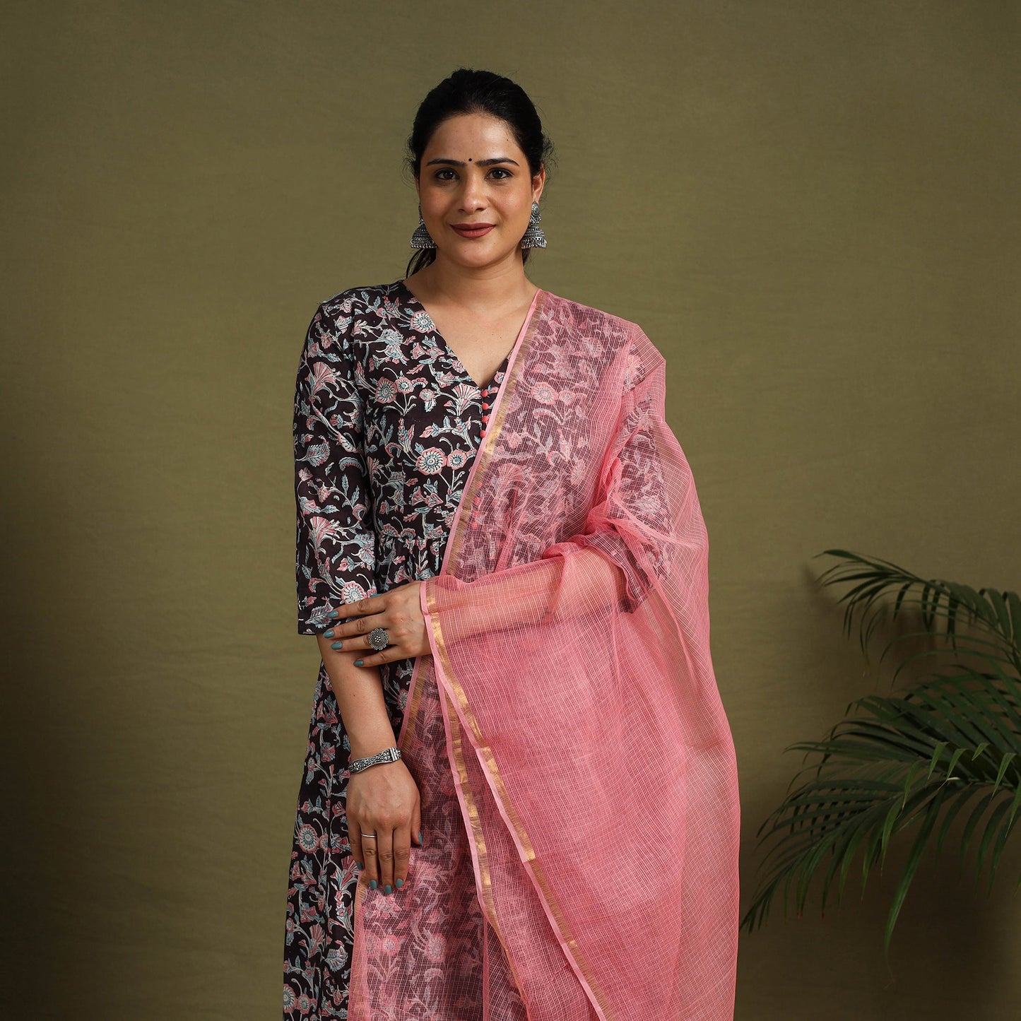 Black Block Print Cotton Sanganeri Kurta Set (Set of 3)