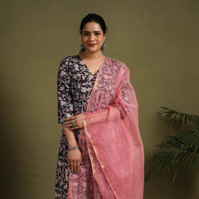 Black Block Print Cotton Sanganeri Kurta Set (Set of 3)