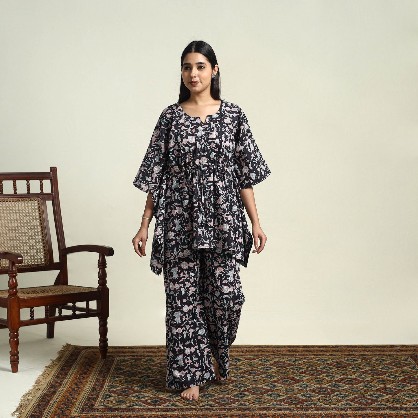  Cotton Black Sanganeri Block Print Night Suit Set 