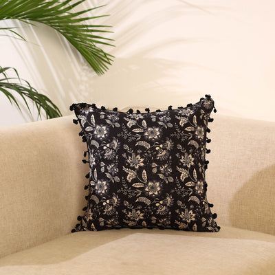 Black Cotton Sanganeri Printed Cushion Cover