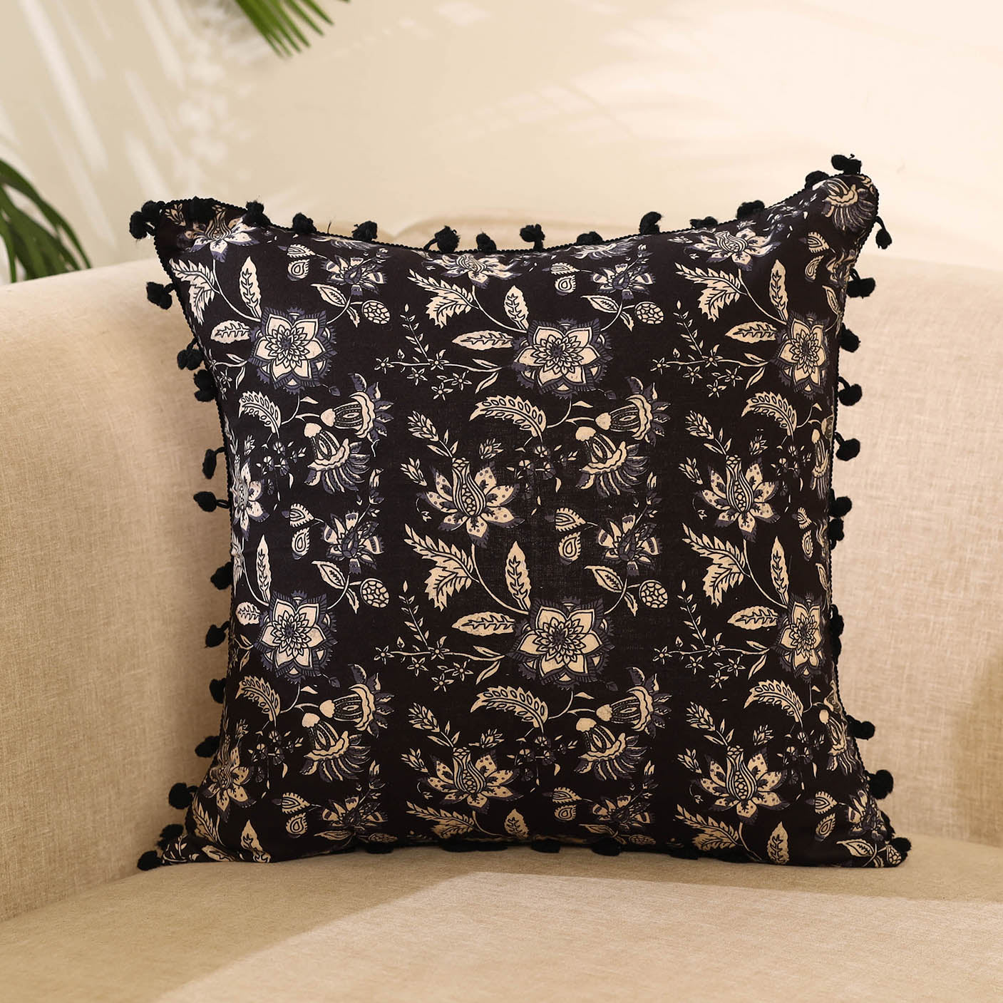 Black Cotton Sanganeri Printed Cushion Cover