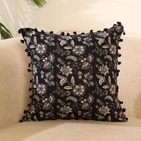 Black Cotton Sanganeri Printed Cushion Cover