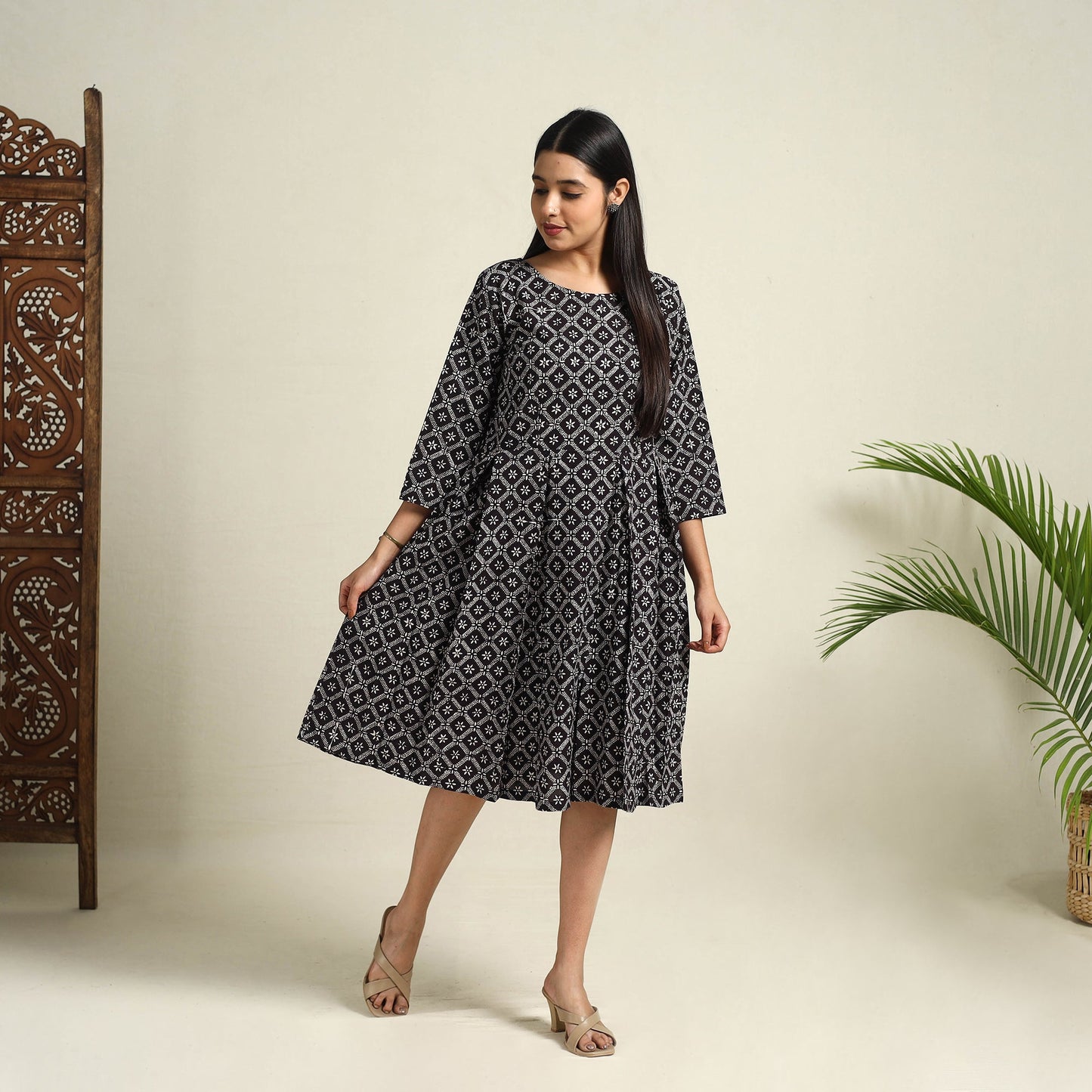 Buy Black Block Print Cotton Short Flared Bagh Dress