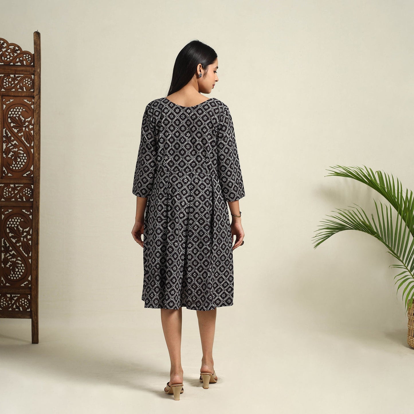 Buy Black Block Print Cotton Short Flared Bagh Dress