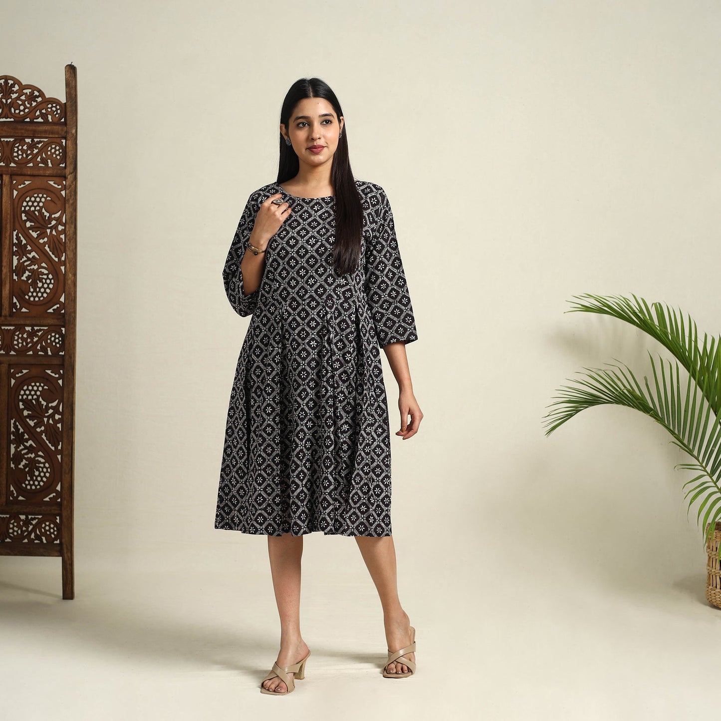 Buy Black Block Print Cotton Short Flared Bagh Dress