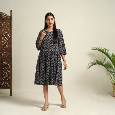 Buy Black Block Print Cotton Short Flared Bagh Dress