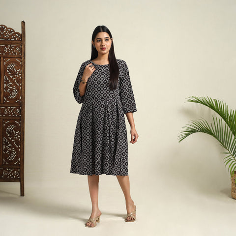 Buy Black Block Print Cotton Short Flared Bagh Dress