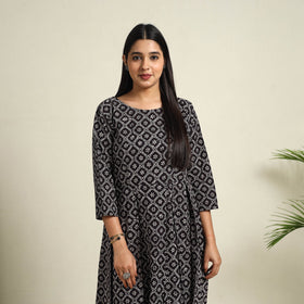 Buy Black Block Print Cotton Short Flared Bagh Dress
